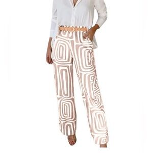 Women’s Flowy Palazzo Pants Sz M Tan And White Geometric Pattern With Pockets